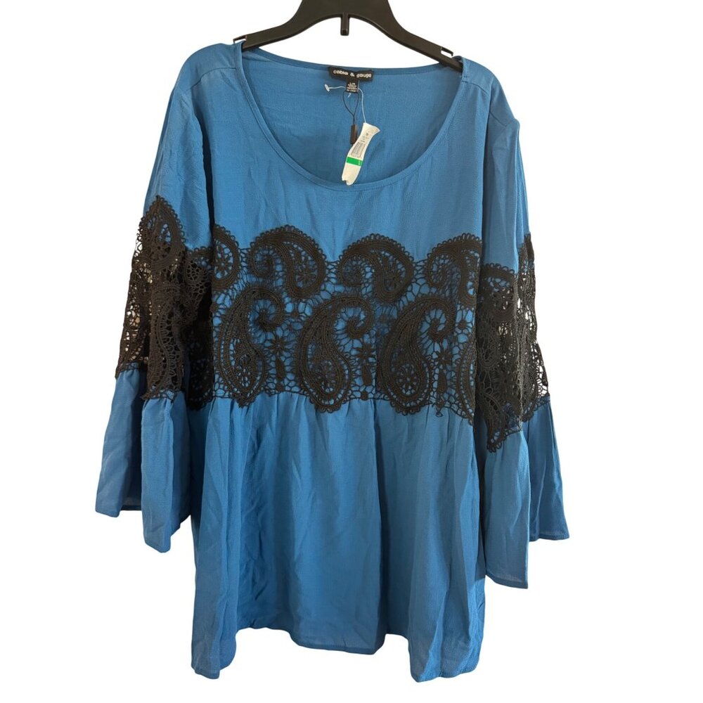 Cable & Gauge Womens Large Polyester Knit Blouse Blue Black Lace Bell Sleeve Sco